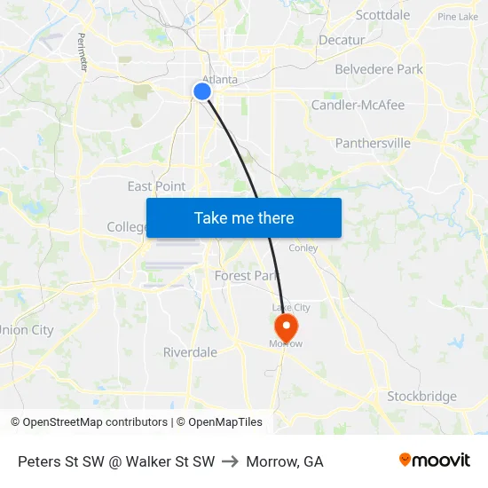 Peters St SW @ Walker St SW to Morrow, GA map