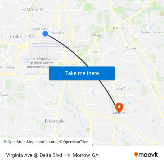 Virginia Ave @ Delta Blvd to Morrow, GA map