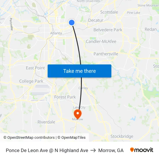 Ponce De Leon Ave @ N Highland Ave to Morrow, GA map