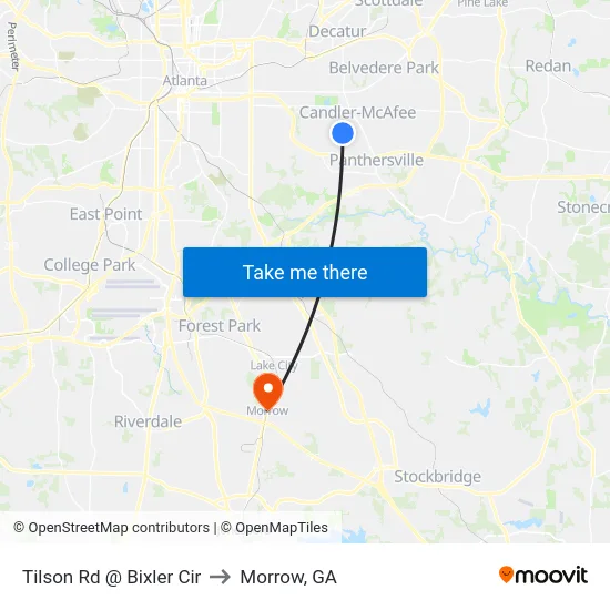 Tilson Rd @ Bixler Cir to Morrow, GA map