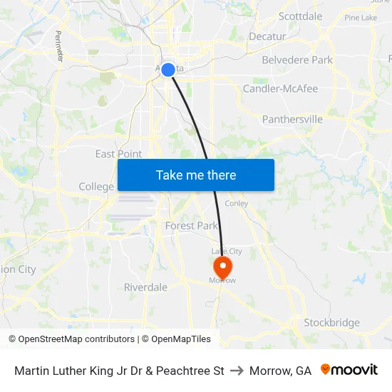 Martin Luther King Jr Dr & Peachtree St to Morrow, GA map