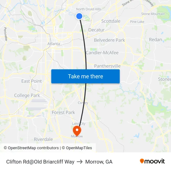 Clifton Rd@Old Briarcliff Way to Morrow, GA map