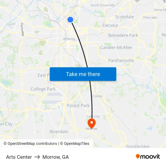 Arts Center to Morrow, GA map