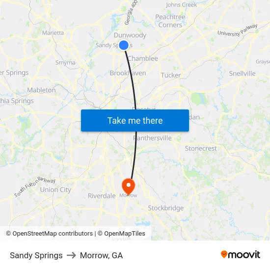 Sandy Springs to Morrow, GA map