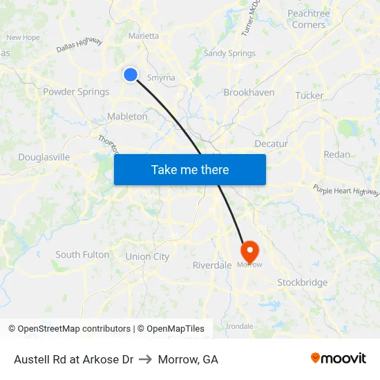 Austell Rd at Arkose Dr to Morrow, GA map