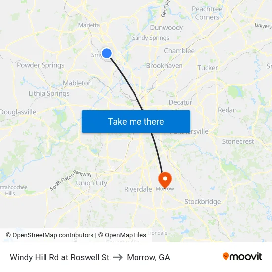 Windy Hill Rd at Roswell St to Morrow, GA map