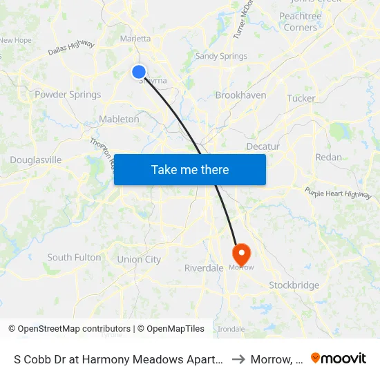 S Cobb Dr at Harmony Meadows Apartments to Morrow, GA map