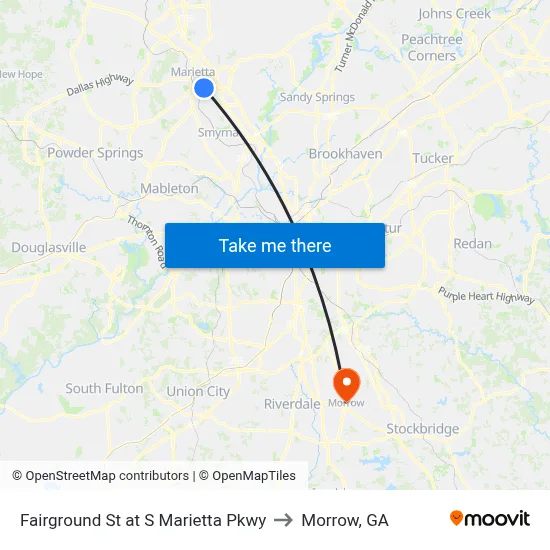 Fairground St at S Marietta Pkwy to Morrow, GA map
