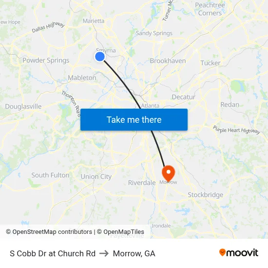 S Cobb Dr at Church Rd to Morrow, GA map