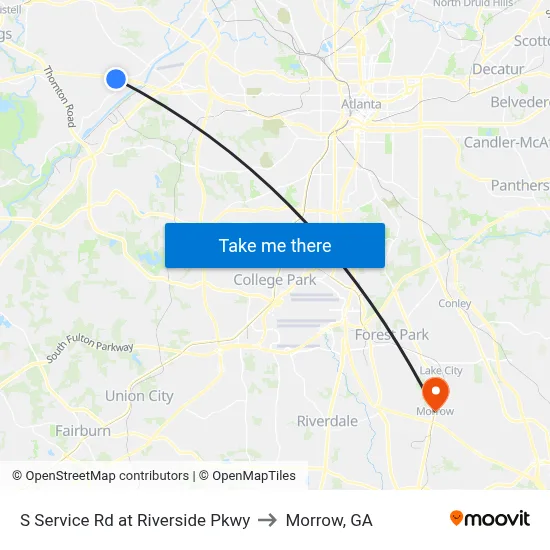S Service Rd at Riverside Pkwy to Morrow, GA map