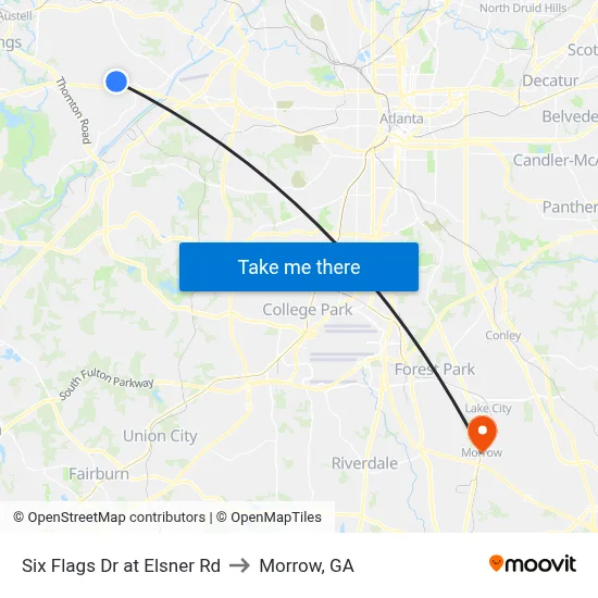 Six Flags Dr at Elsner Rd to Morrow, GA map
