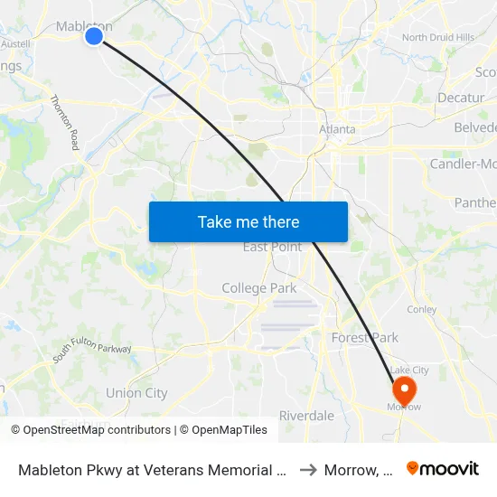 Mableton Pkwy at Veterans Memorial Hwy to Morrow, GA map