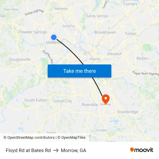 Floyd Rd at Bates Rd to Morrow, GA map