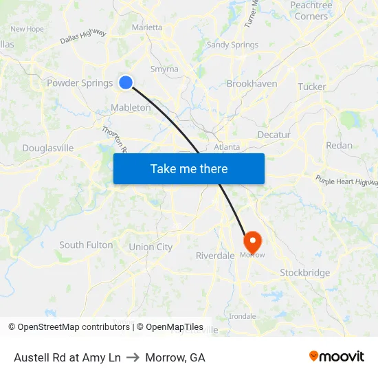 Austell Rd at Amy Ln to Morrow, GA map