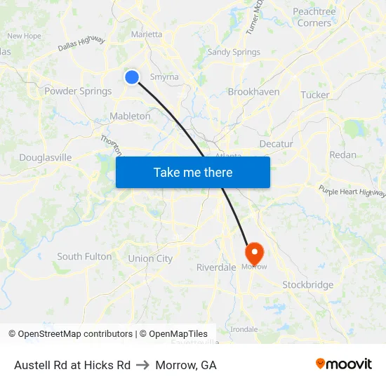 Austell Rd at Hicks Rd to Morrow, GA map