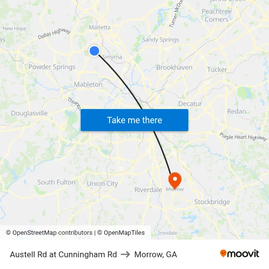 Austell Rd at Cunningham Rd to Morrow, GA map