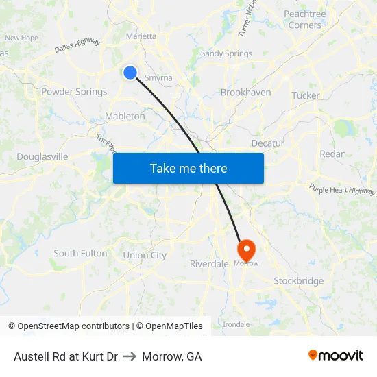 Austell Rd at Kurt Dr to Morrow, GA map
