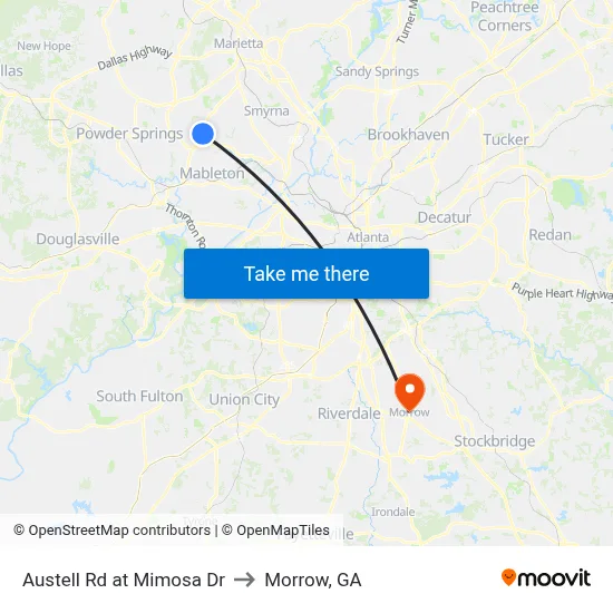 Austell Rd at Mimosa Dr to Morrow, GA map