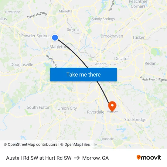 Austell Rd SW at Hurt Rd SW to Morrow, GA map