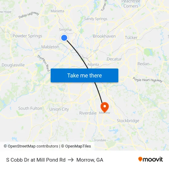 S Cobb Dr at Mill Pond Rd to Morrow, GA map
