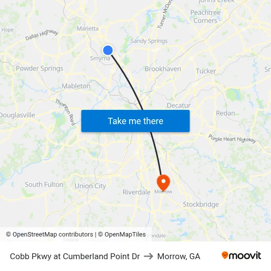 Cobb Pkwy at Cumberland Point Dr to Morrow, GA map
