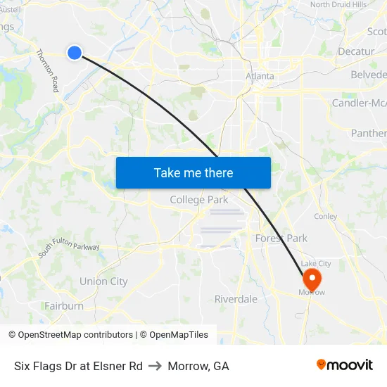 Six Flags Dr at Elsner Rd to Morrow, GA map