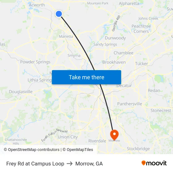 Frey Rd at Campus Loop to Morrow, GA map