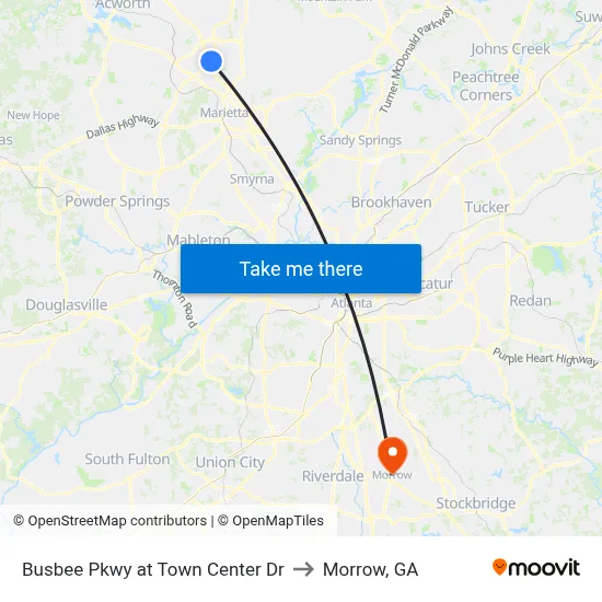 Busbee Pkwy at Town Center Dr to Morrow, GA map