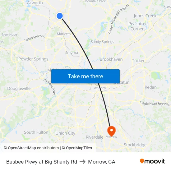 Busbee Pkwy at Big Shanty Rd to Morrow, GA map
