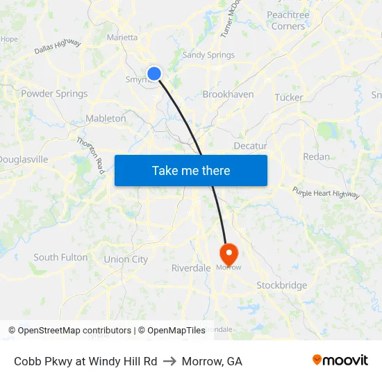 Cobb Pkwy at Windy Hill Rd to Morrow, GA map