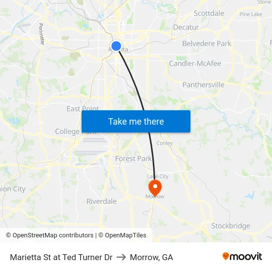 Marietta St at Ted Turner Dr to Morrow, GA map