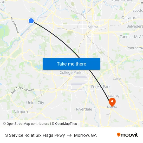 S Service Rd at Six Flags Pkwy to Morrow, GA map