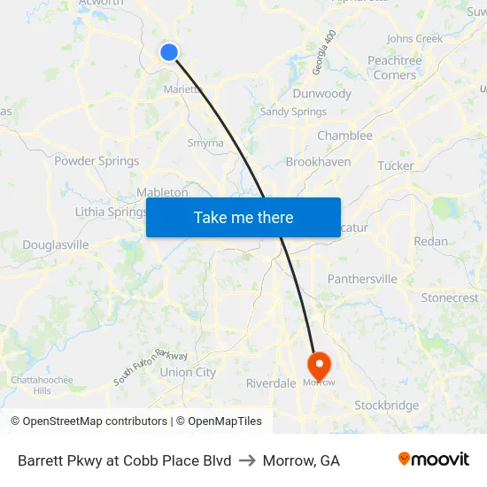 Barrett Pkwy at Cobb Place Blvd to Morrow, GA map