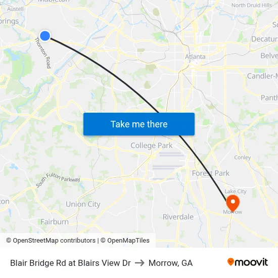 Blair Bridge Rd at Blairs View Dr to Morrow, GA map