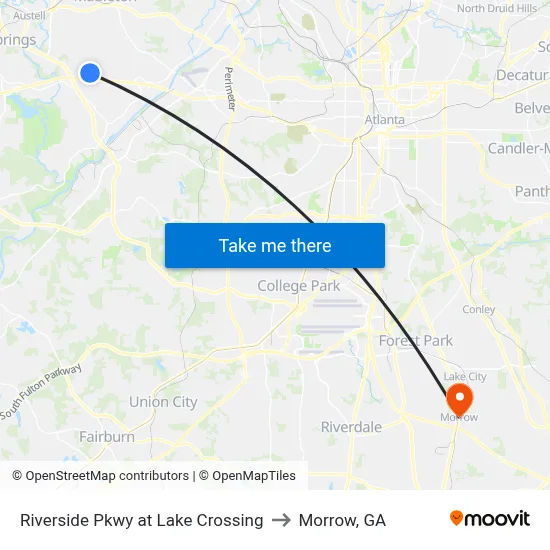 Riverside Pkwy at Lake Crossing to Morrow, GA map