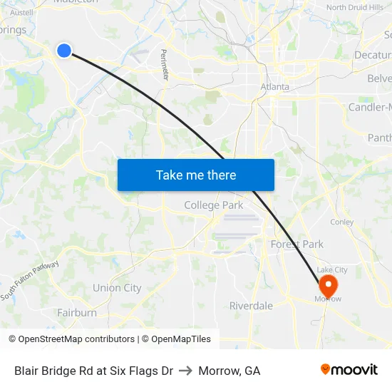 Blair Bridge Rd at Six Flags Dr to Morrow, GA map