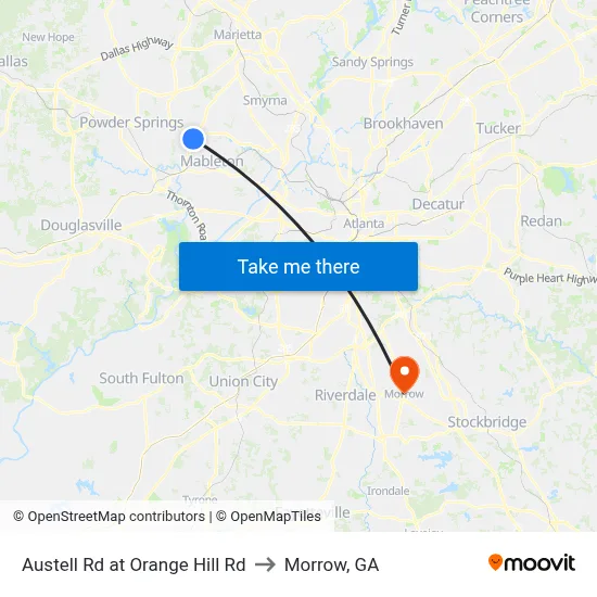 Austell Rd at Orange Hill Rd to Morrow, GA map