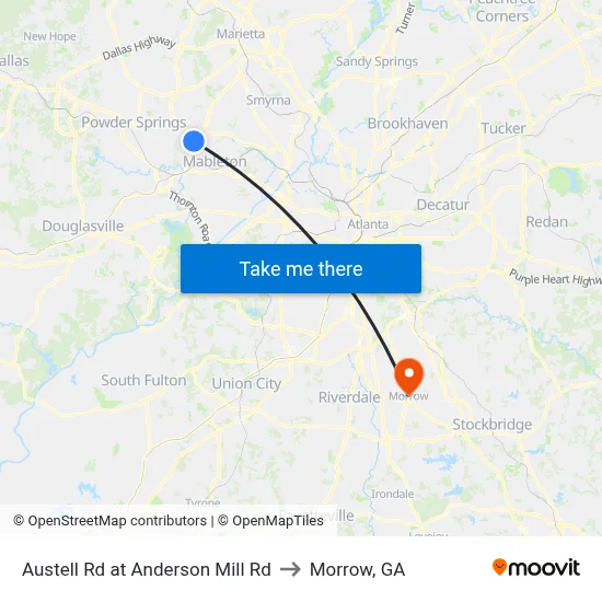 Austell Rd at Anderson Mill Rd to Morrow, GA map