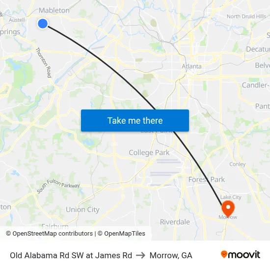 Old Alabama Rd SW at James Rd to Morrow, GA map