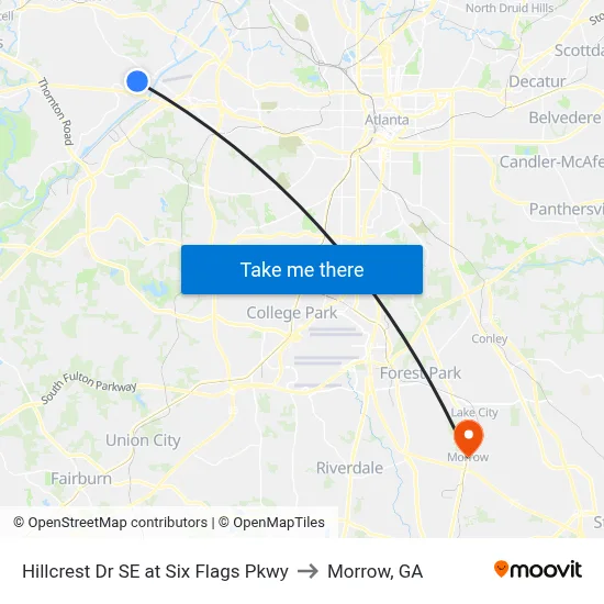 Hillcrest Dr SE at Six Flags Pkwy to Morrow, GA map