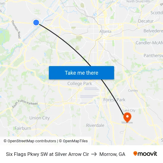 Six Flags Pkwy SW at Silver Arrow Cir to Morrow, GA map