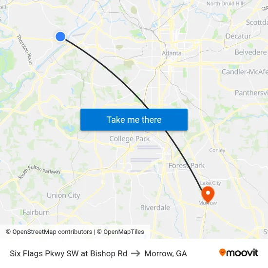 Six Flags Pkwy SW at Bishop Rd to Morrow, GA map