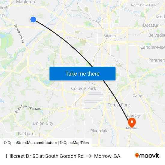 Hillcrest Dr SE at South Gordon Rd to Morrow, GA map