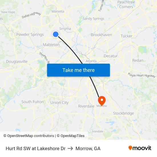 Hurt Rd SW at Lakeshore Dr to Morrow, GA map