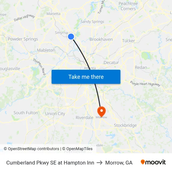 Cumberland Pkwy SE at Hampton Inn to Morrow, GA map