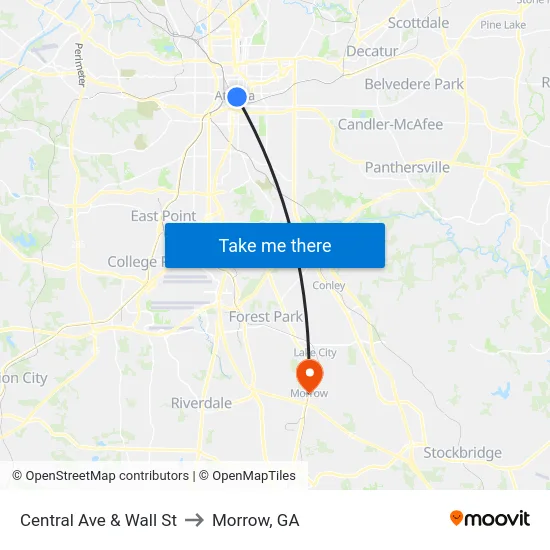 Central Ave & Wall St to Morrow, GA map