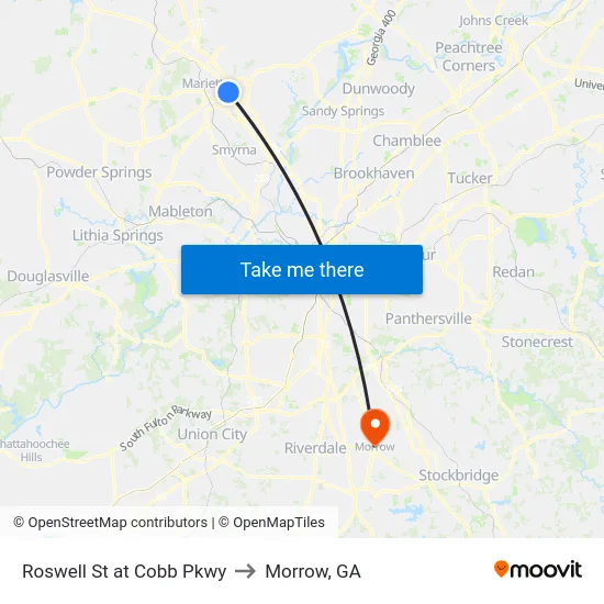 Roswell St at Cobb Pkwy to Morrow, GA map