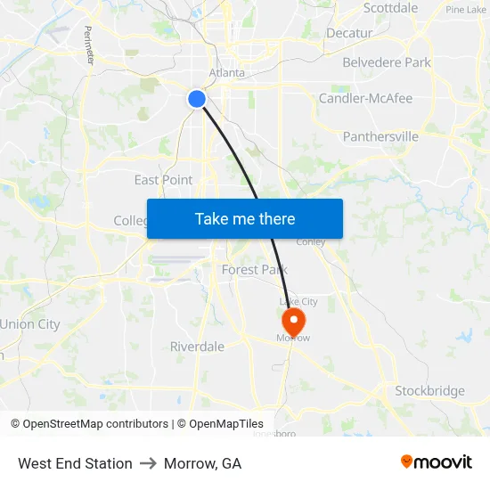 West End Station to Morrow, GA map