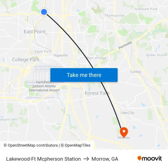 Lakewood-Ft Mcpherson Station to Morrow, GA map