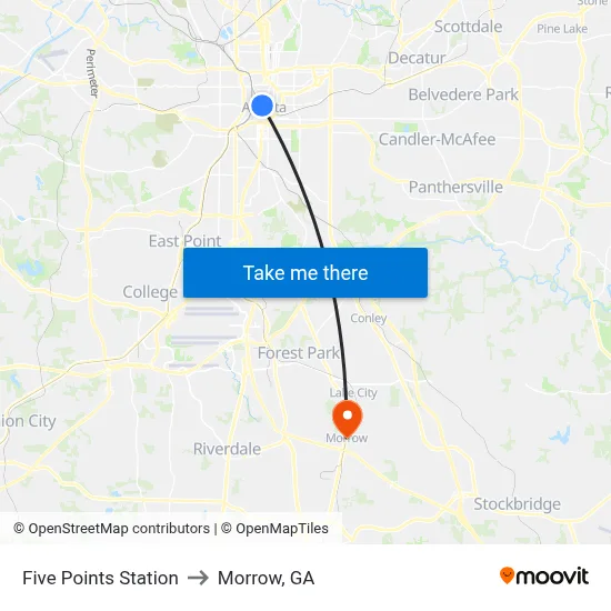 Five Points Station to Morrow, GA map